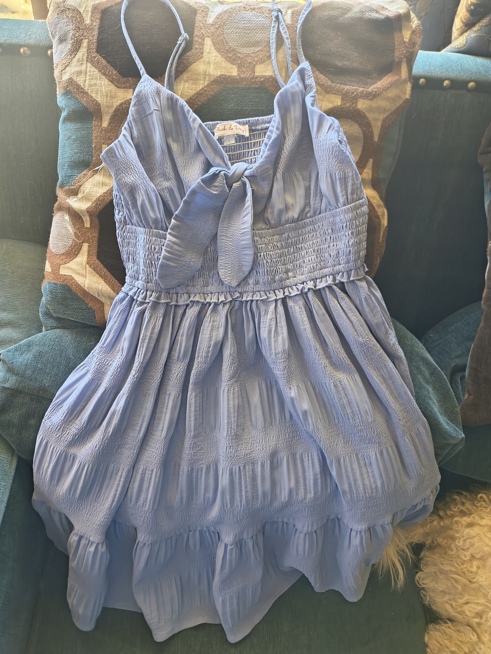 Light Blue Tie-Front Smocked Sundress